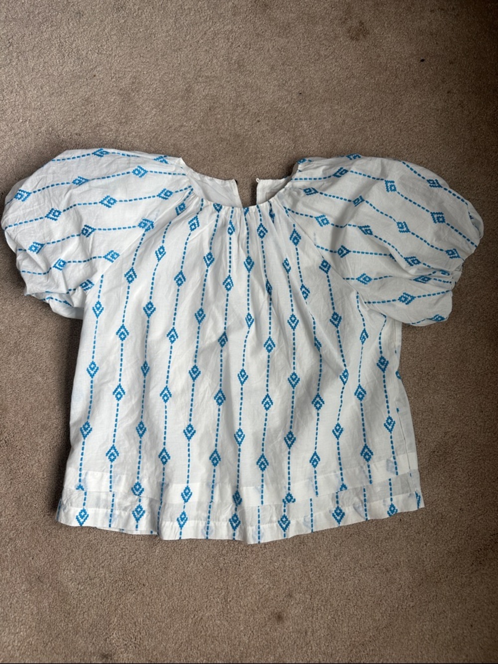 White & Aqua Puff-Sleeve Embroidered Peasant Blouse